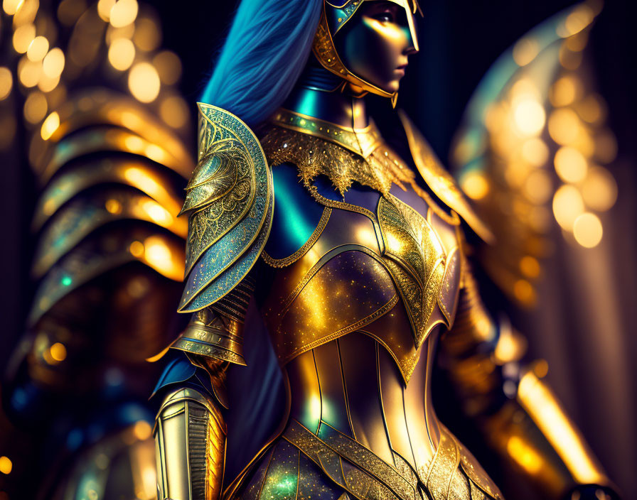 Detailed Illustration: Female Warrior in Ornate Golden Armor on Dark Bokeh Background