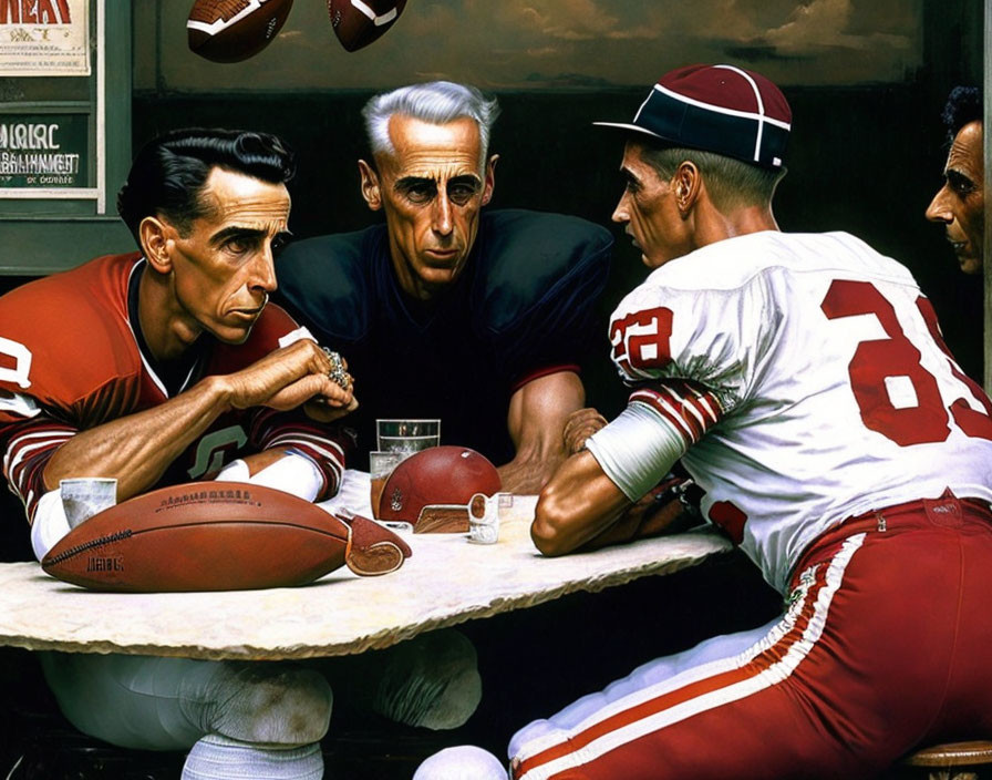 Vintage American sports painting: Three men at diner table with football