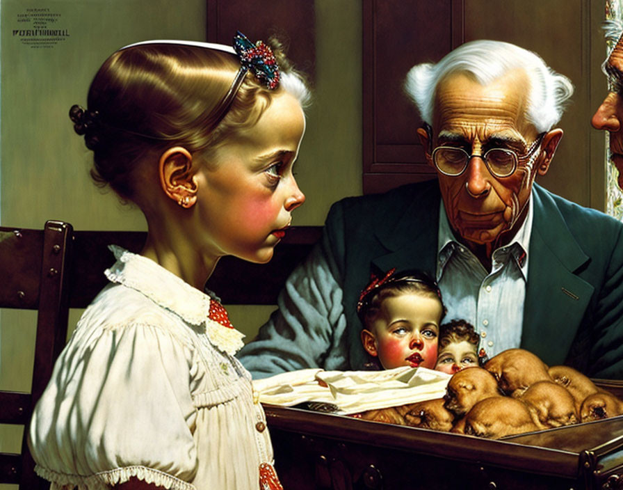 Elderly Man at Desk with Children and Puppies in Vibrant Painting