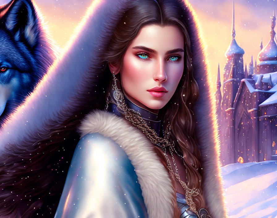 Digital artwork: Woman with blue eyes, dark hair, fur and jewelry, with blue wolf in snowy