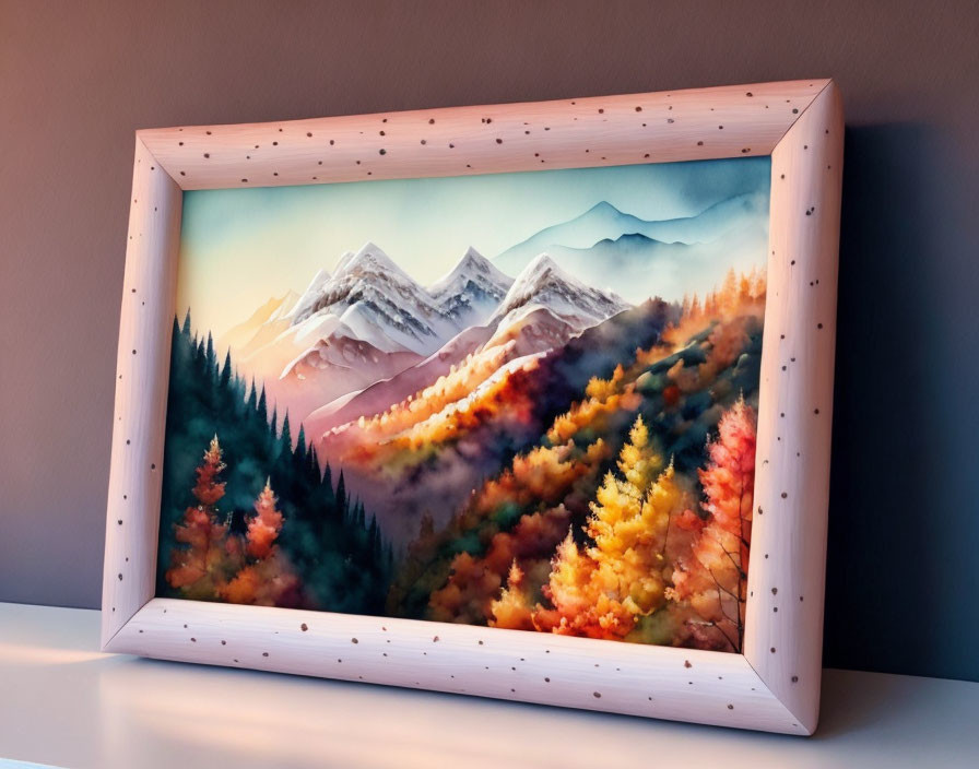 Mountain landscape painting with snow-capped peaks and autumn trees on shelf