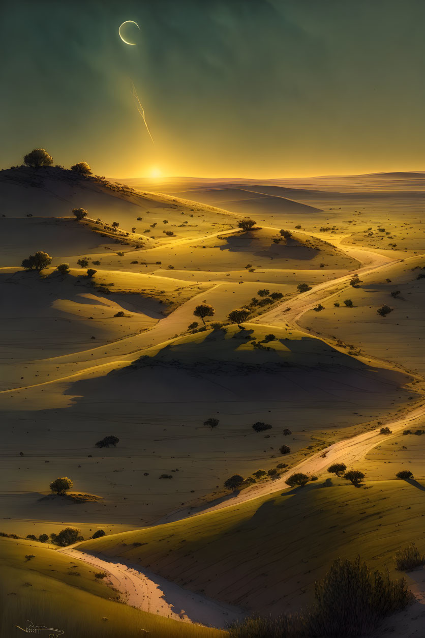 Tranquil desert landscape: sand dunes, sparse vegetation, glowing sunset, crescent moon.