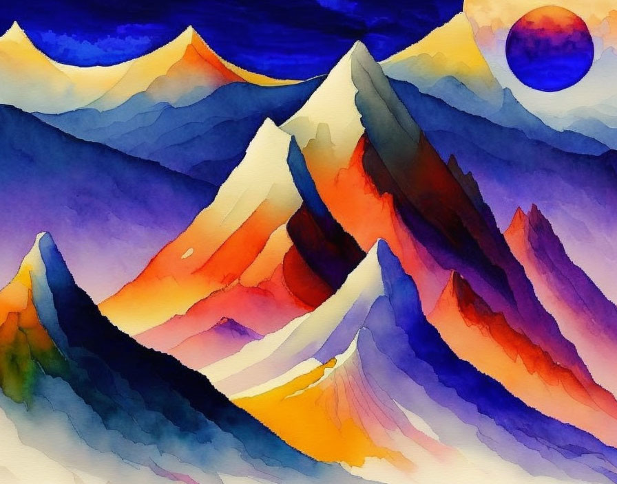 Vibrant Watercolor Painting of Stylized Mountain Landscape