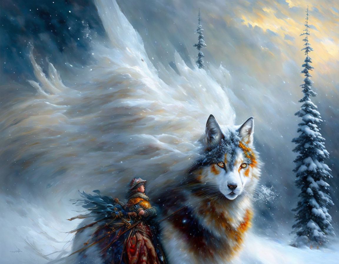 Large wolf and cloaked figure in snowy landscape with swirling winds