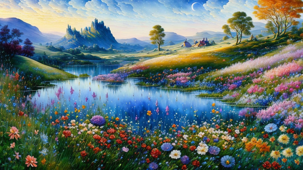 Serene lake landscape with colorful flowers and village at twilight