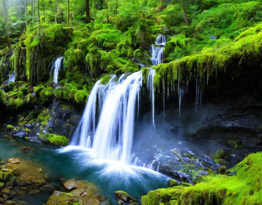 Lush Green Forest Scene with Multi-Tiered Waterfall