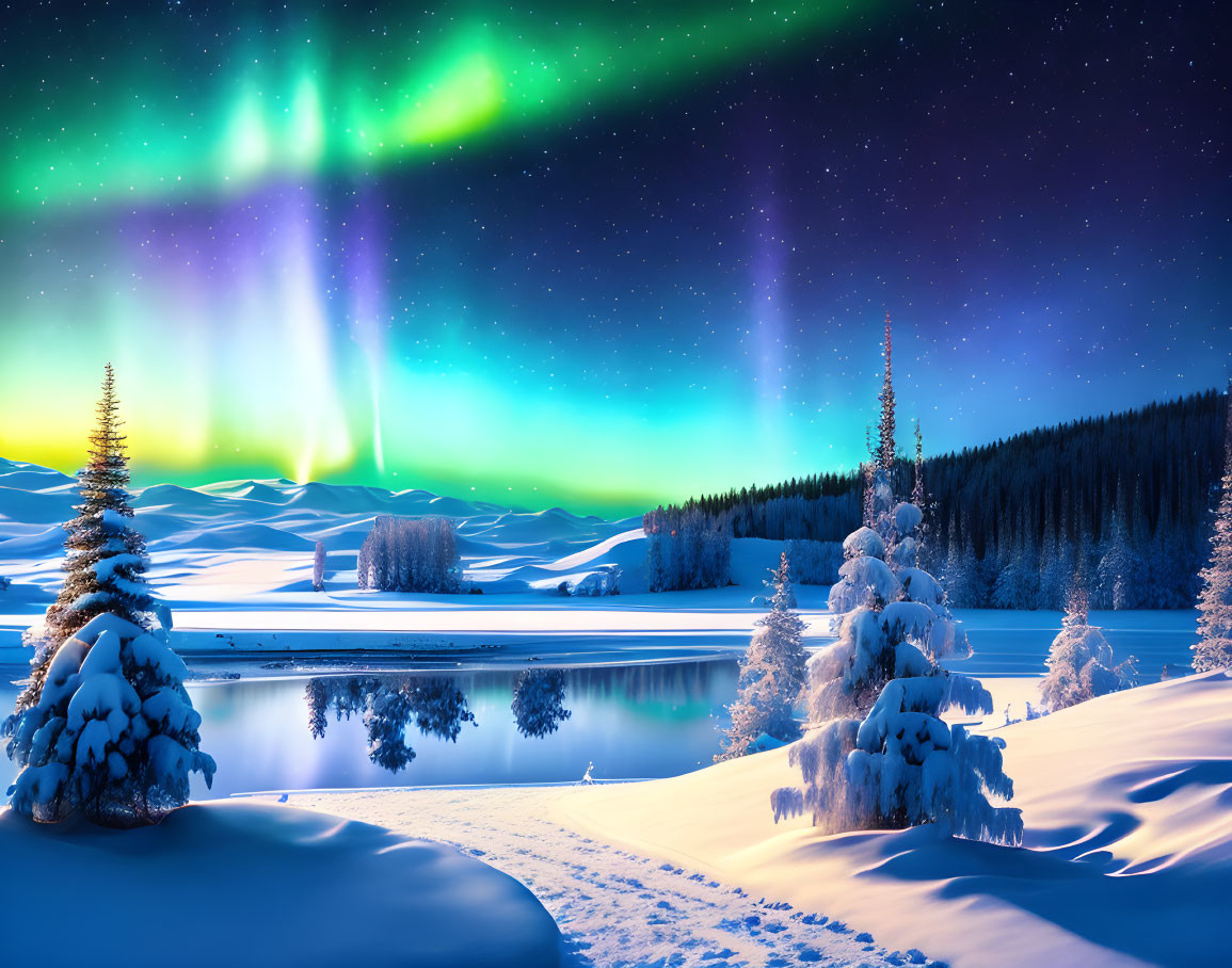 Winter night with Aurora Borealis, snow-covered trees, and frozen lake