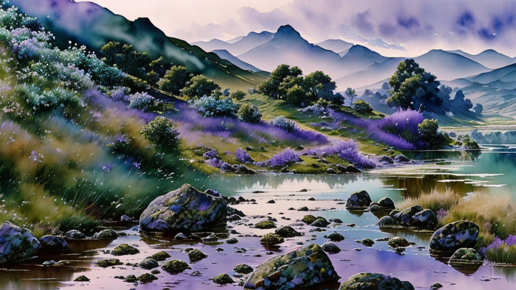 Tranquil landscape with purple wildflowers, reflective lake, moss-covered stones, and rolling green hills