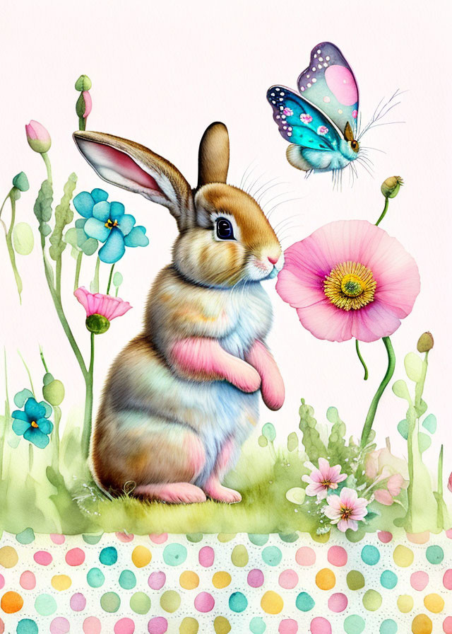 Colorful Cute Bunny Illustration Surrounded by Flowers and Butterfly