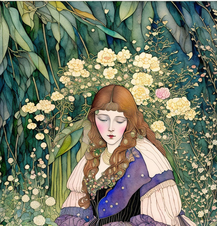 Illustration of woman with flowing hair in floral fairy-tale setting