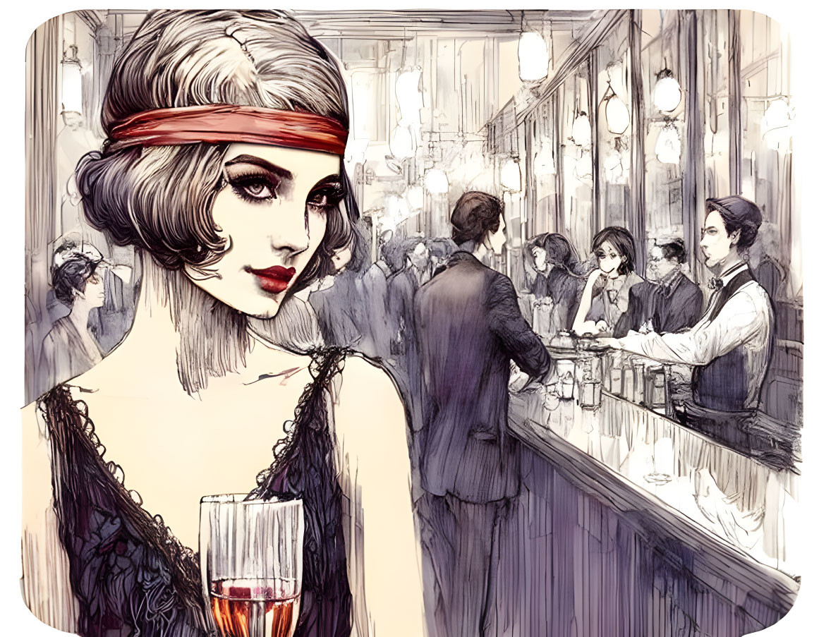 Vintage Flapper in Red Headband with Wine Glass at Bar Scene