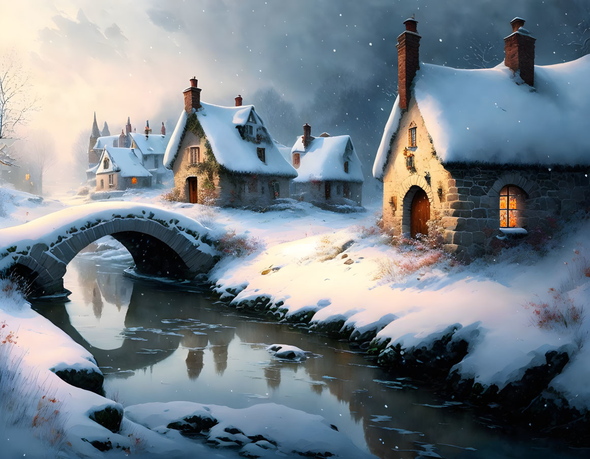 Winter scene: cottages by river with stone bridge, glowing window, serene snowy landscape