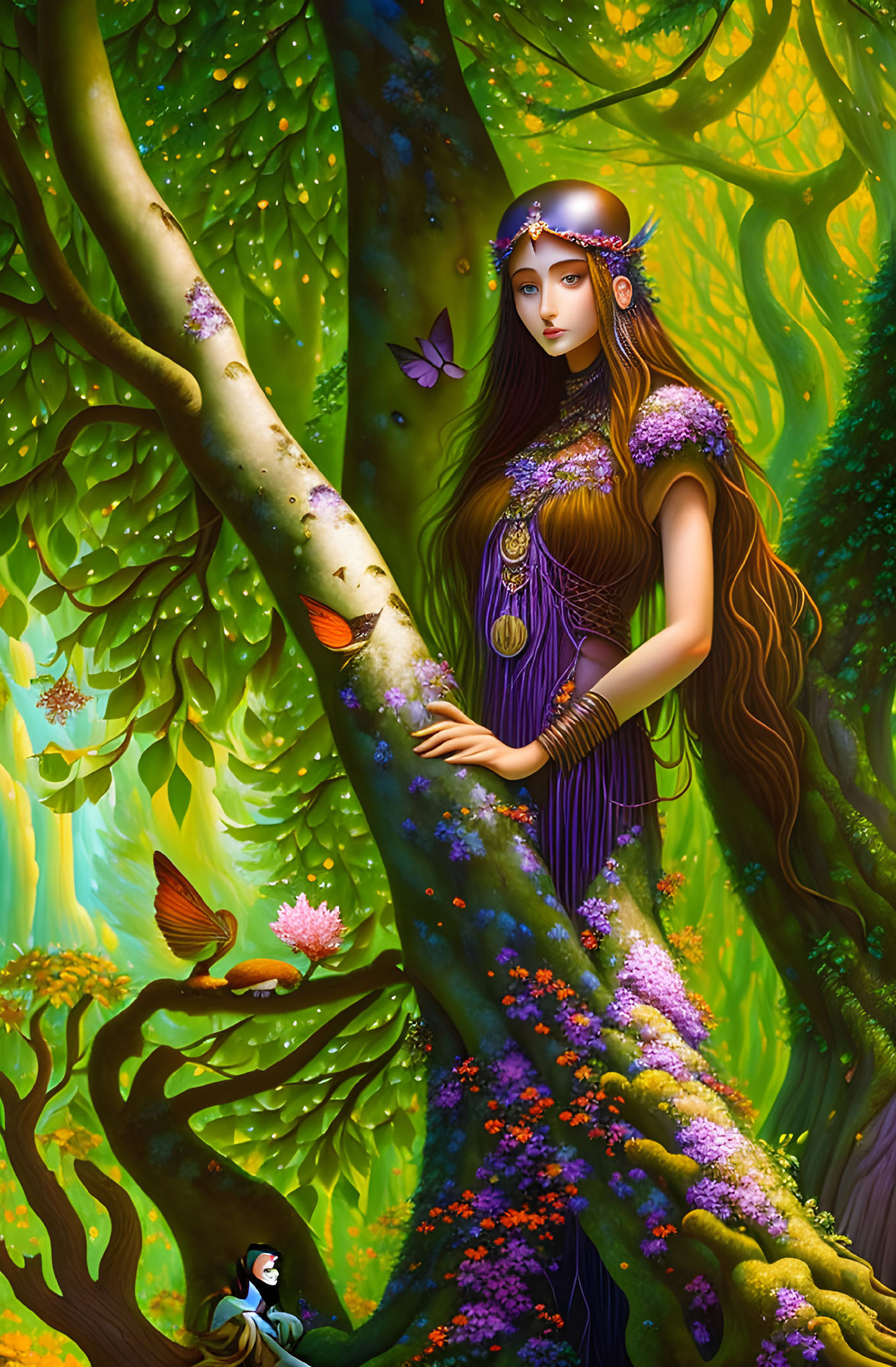 Illustrated elven woman in purple dress in magical forest with vibrant flora.