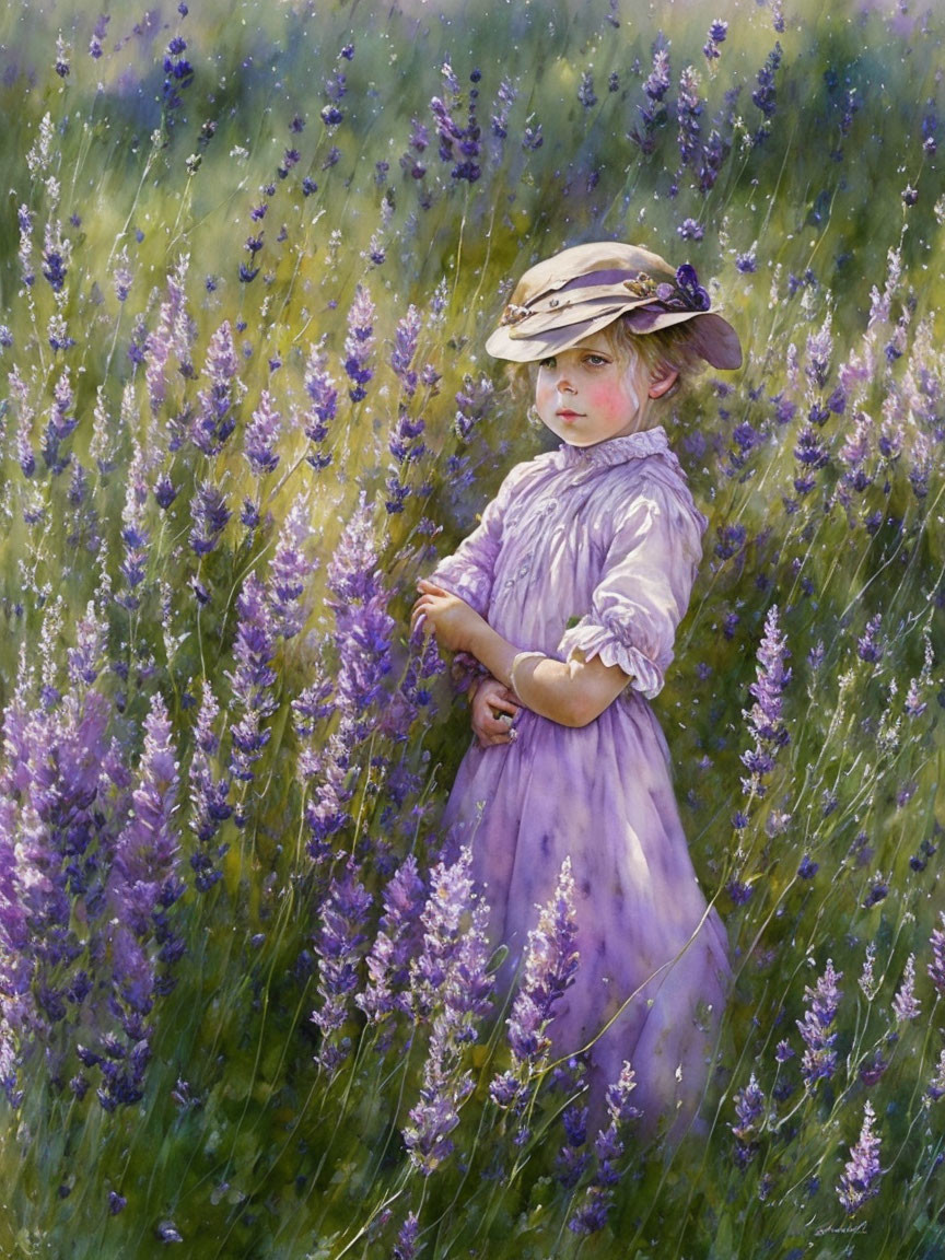 Young girl in purple dress and hat in lavender field gazes sideways