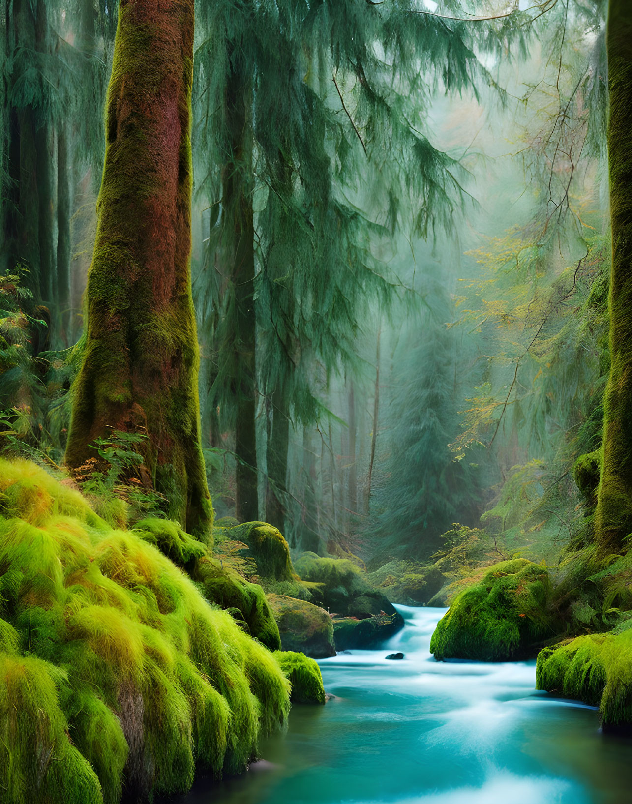 Serene stream in misty green forest with moss-covered rocks