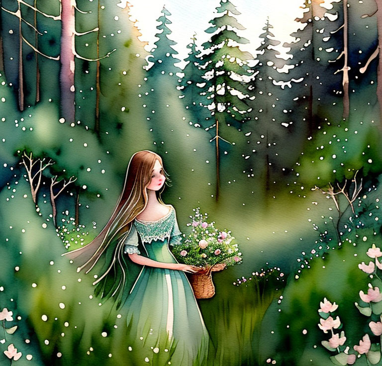 Illustration of woman with long hair in forest holding flowers basket