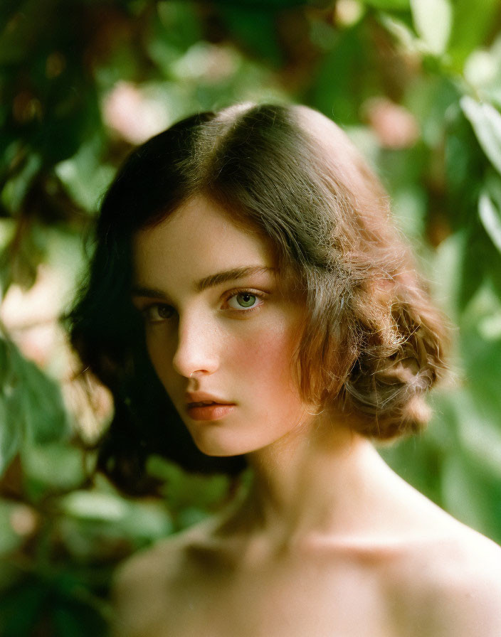 Portrait of woman with short wavy hair and fair skin surrounded by green foliage