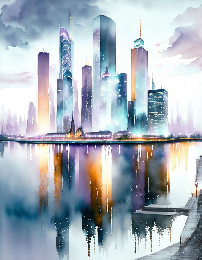 Modern Cityscape Watercolor Illustration with Skyscrapers and Twilight Reflections