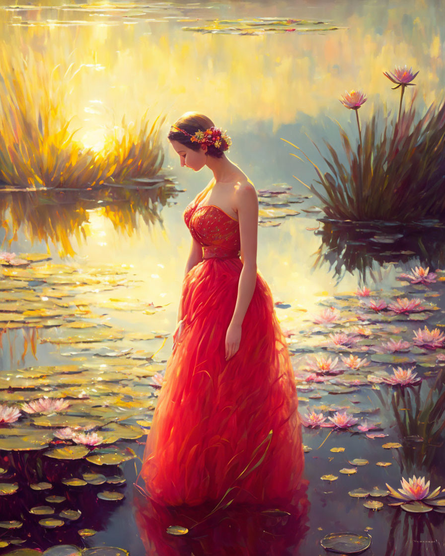 Woman in Red Gown Amidst Blooming Water Lilies