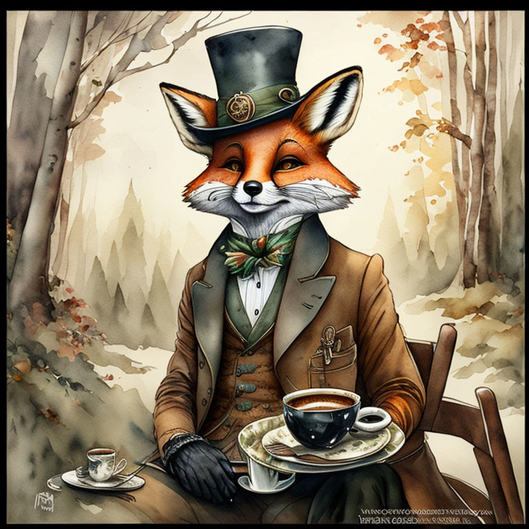 Anthropomorphic Fox in Victorian Attire with Coffee Cup in Forest