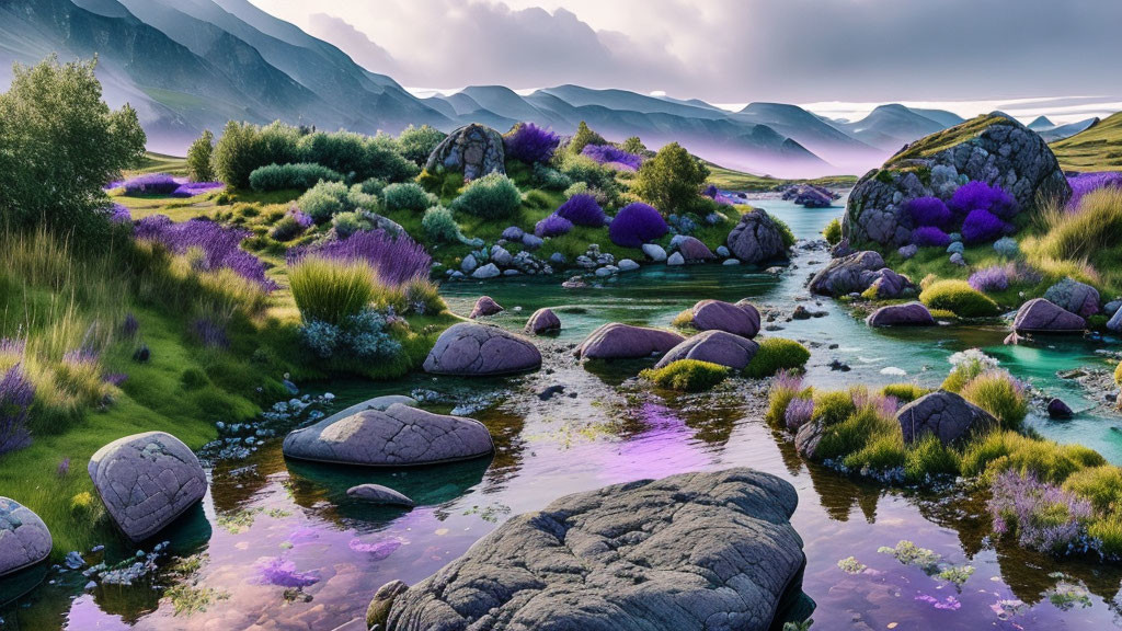 Tranquil landscape with purple shrubs, river rocks, and green hills