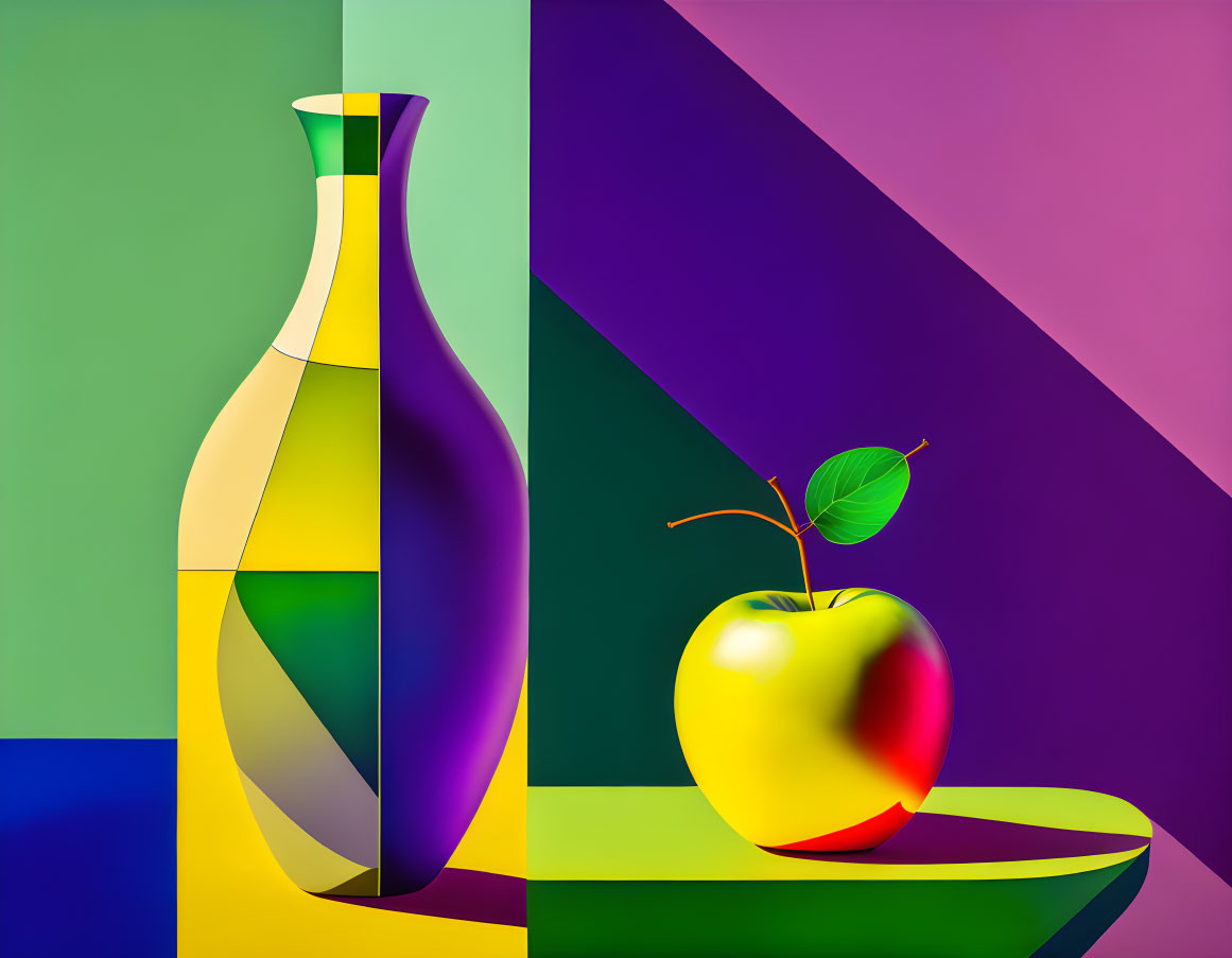 Colorful Still Life Composition with Multicolored Vase and Apple