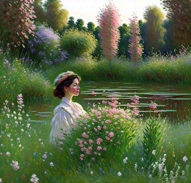 Woman in White Dress by Tranquil Pond with Pink Flowers