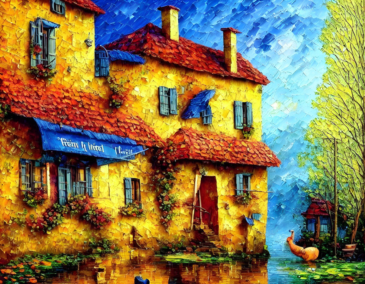 Colorful Village Scene Jigsaw Puzzle with Cobblestone Paths and Rainfall