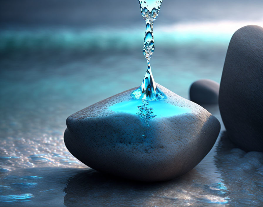 Tranquil water droplet creates ripples on smooth rock