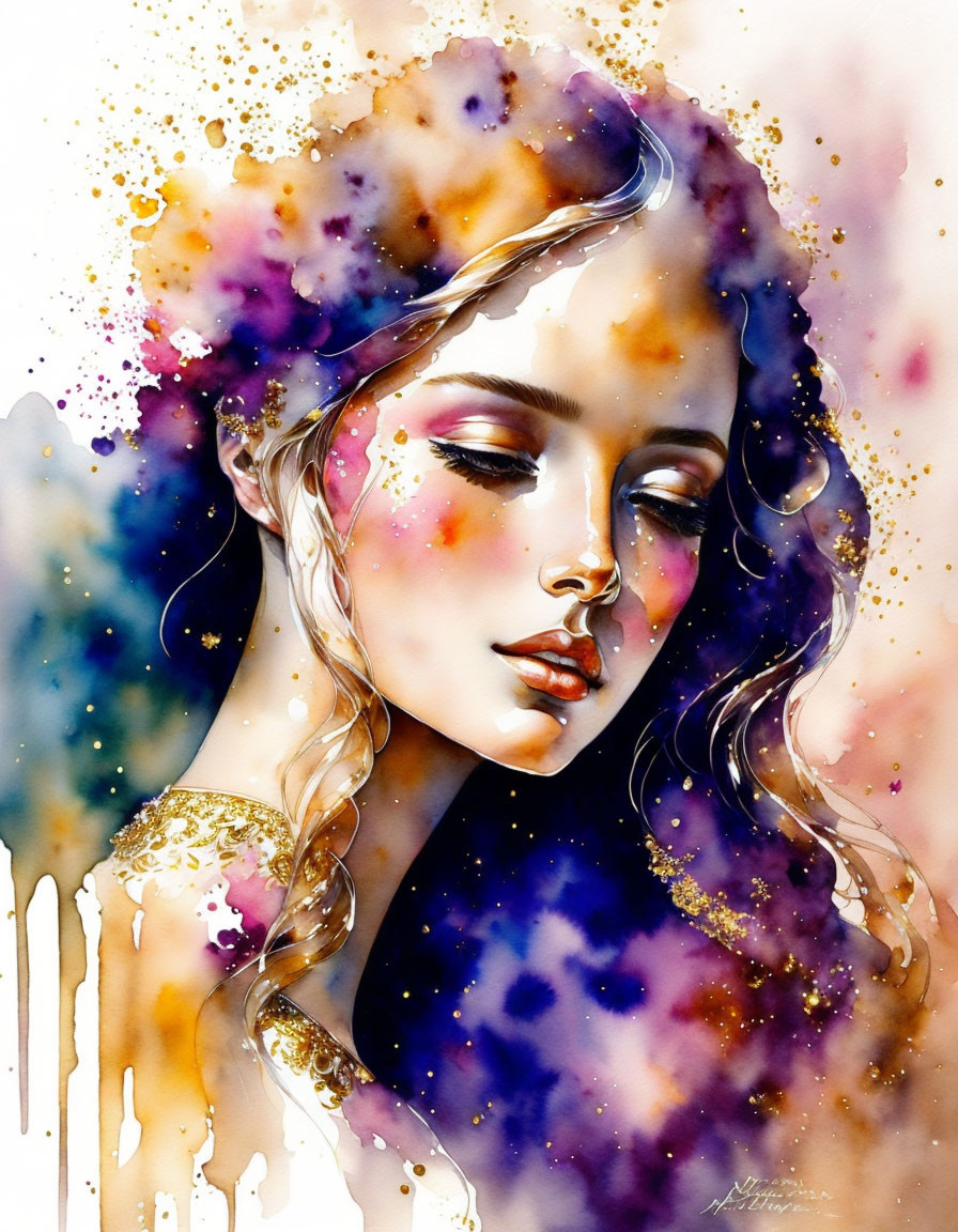 Woman with Closed Eyes in Vibrant Purple and Gold Watercolor