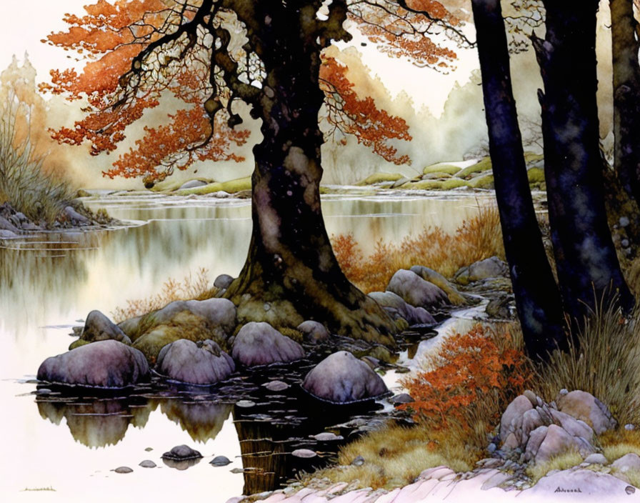 Tranquil autumn forest scene with reflective lake, colorful leaves, and rocky shore