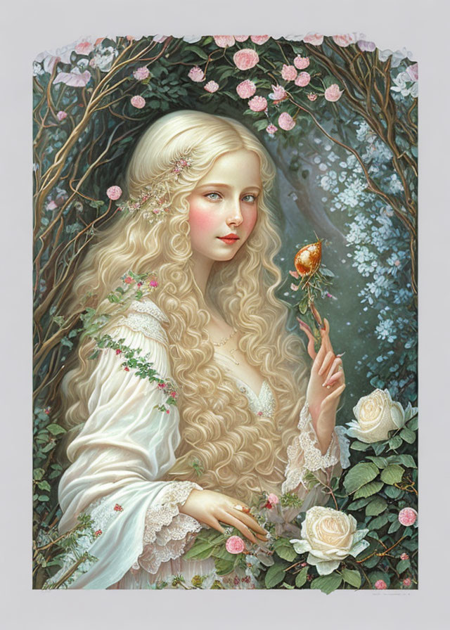 Ethereal woman with golden hair in white gown surrounded by floral arch holding rose.