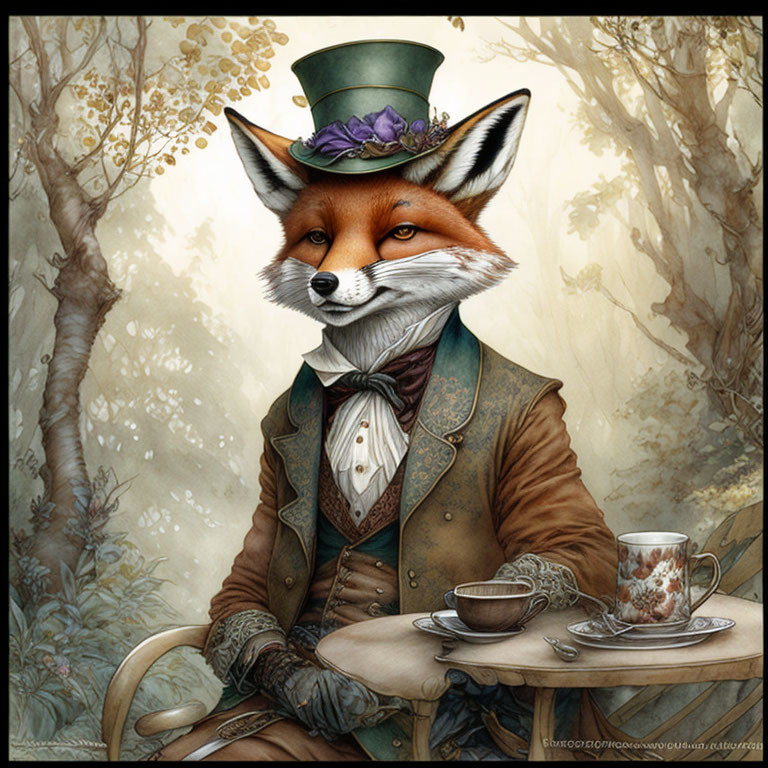 Anthropomorphic fox in Victorian attire with tea cup in woodland scene