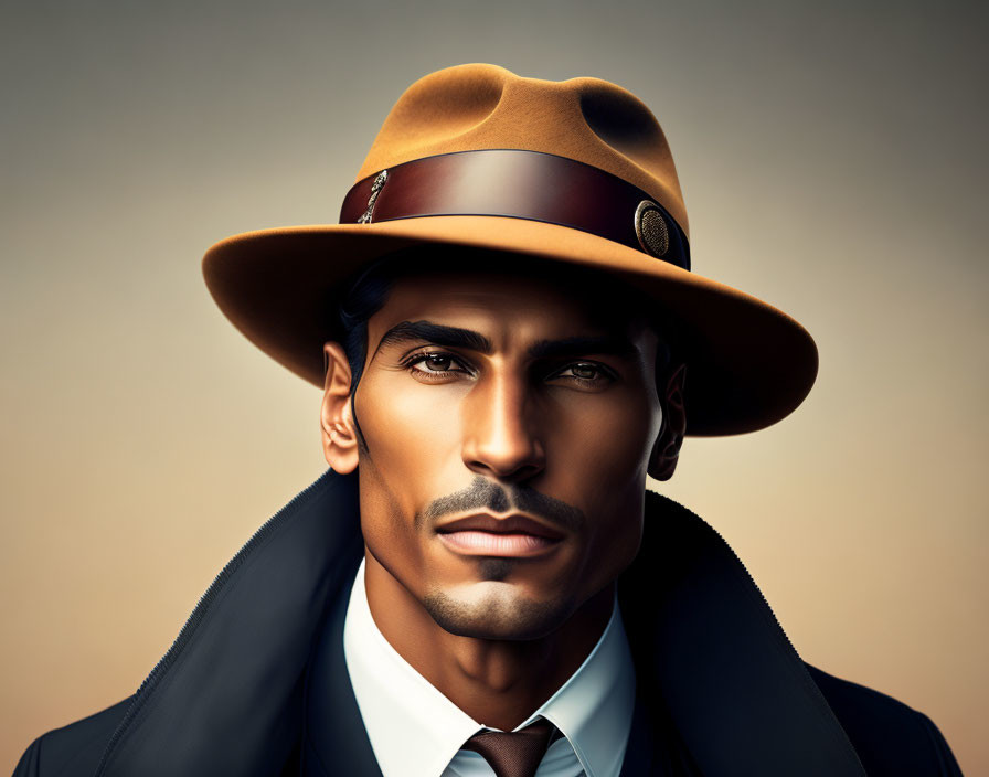 Stylish man in fedora hat and black coat on warm background