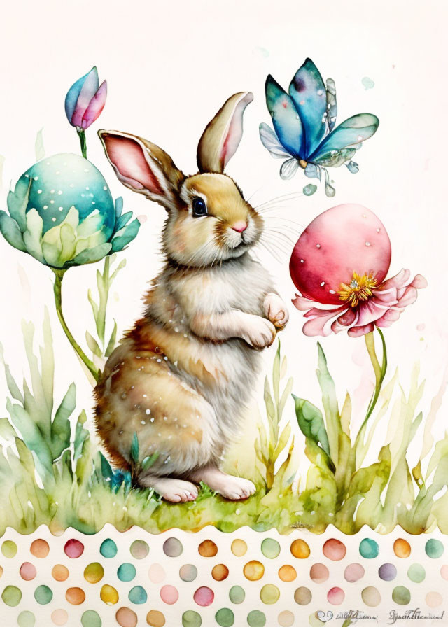 Whimsical watercolor illustration of bunny with butterfly wings and Easter eggs