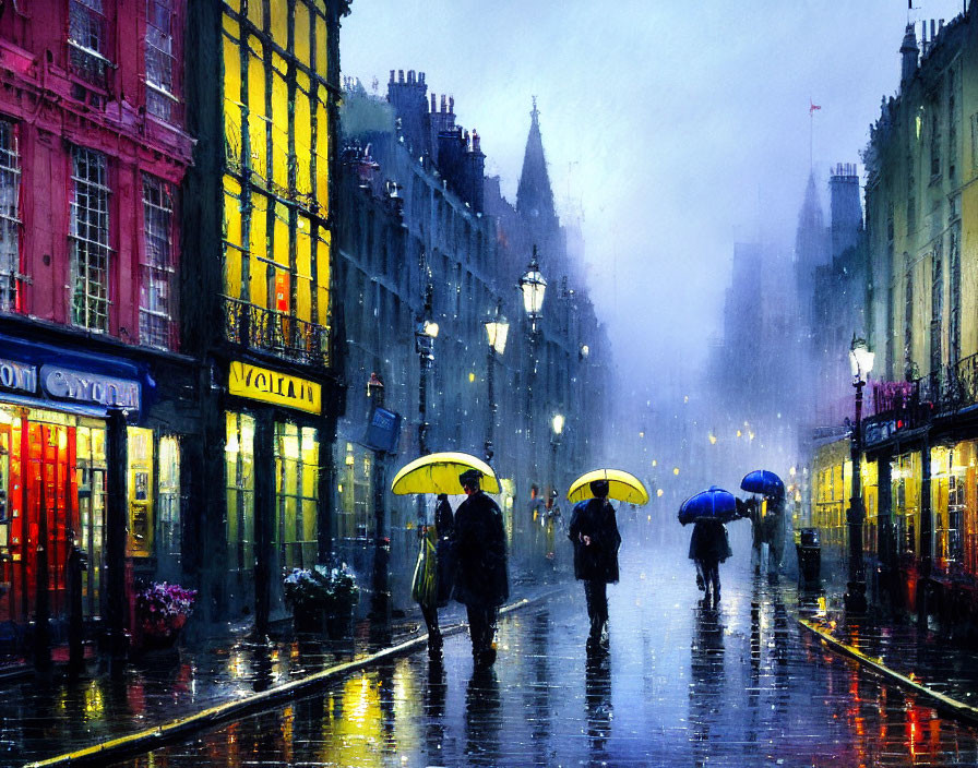 Colorful rainy street scene with umbrellas and illuminated shopfronts