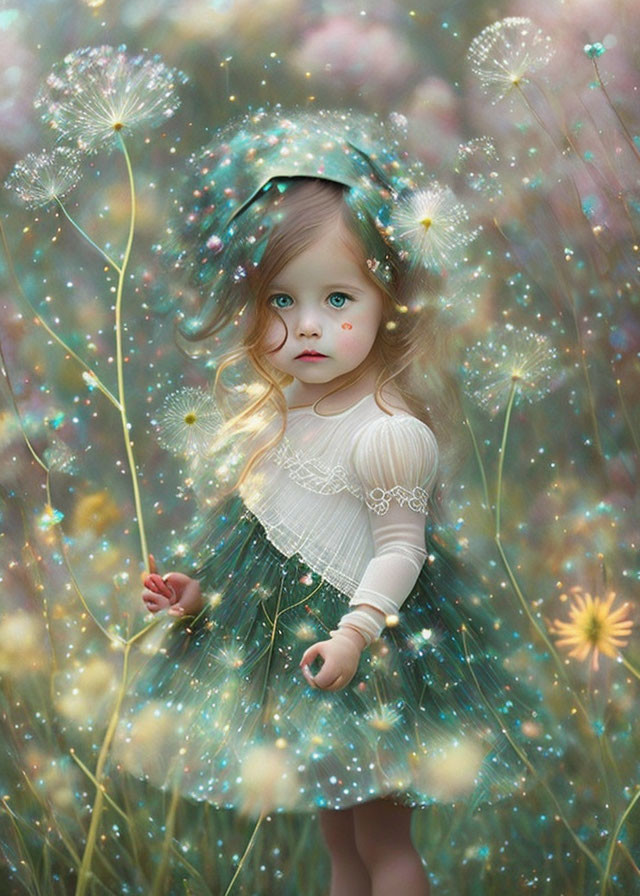 Young girl in white dress surrounded by sparkling dandelions