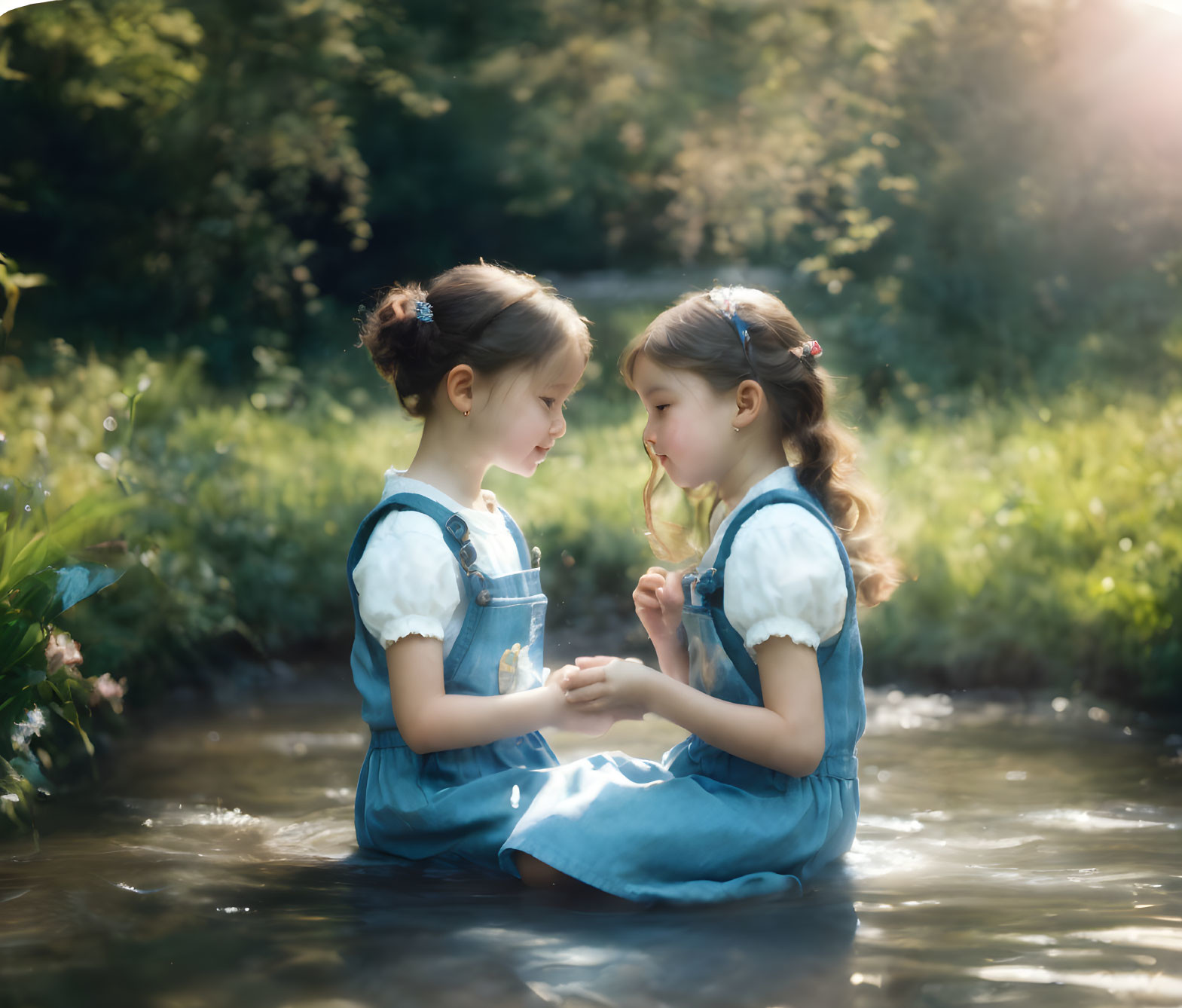 Two Young Girls Holding Hands in Sunlit Forest Stream