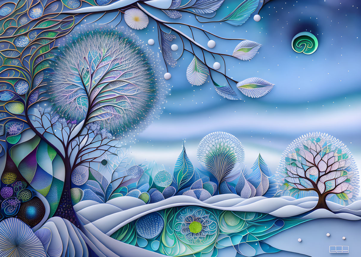 Colorful Winter Scene with Whimsical Trees on Snowy Landscape