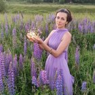 Young Woman in Lavender Dress Among Purple Flowers