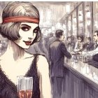 Vintage Flapper in Red Headband with Wine Glass at Bar Scene