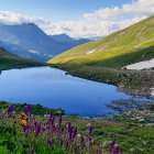 Serene lake landscape with colorful flowers and village at twilight