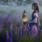 Woman in Purple Dress with Lantern Among Lavender Flowers at Dusk