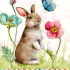 Whimsical watercolor illustration of bunny with butterfly wings and Easter eggs