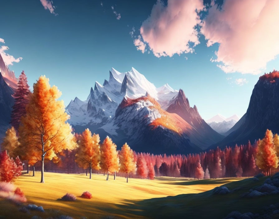 Snowy mountains and autumn trees in serene landscape.