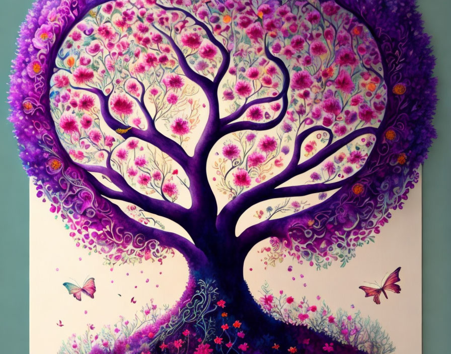 Vibrant whimsical tree with purple foliage and butterflies