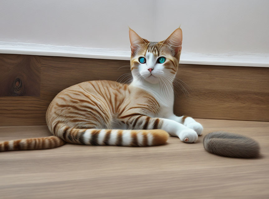 Ginger and White Cat with Blue Eyes on Wooden Floor with Toy Tail