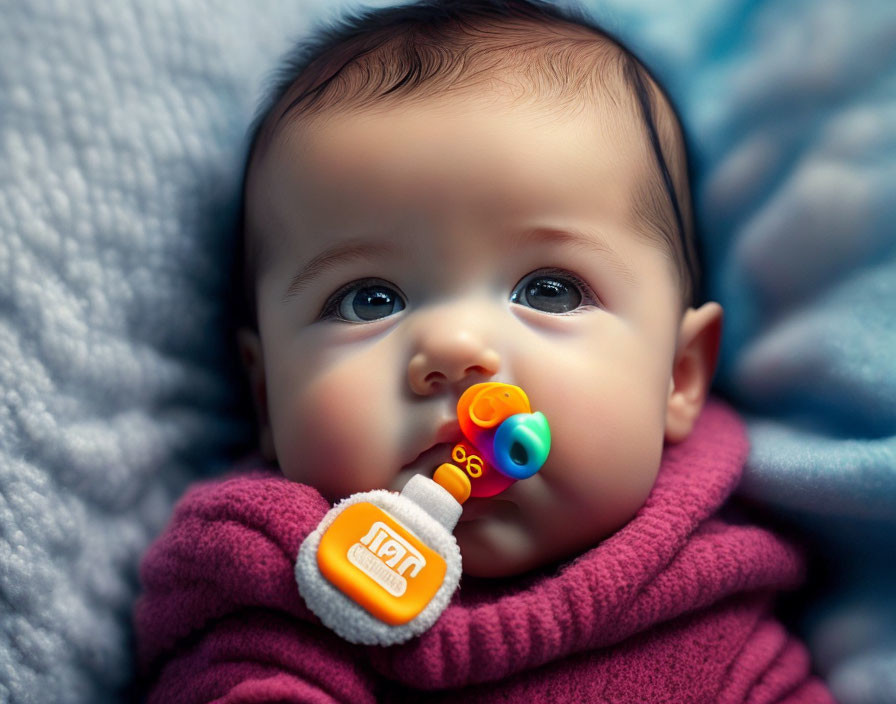 Infant with pacifier on blue blanket in pink outfit gazes.