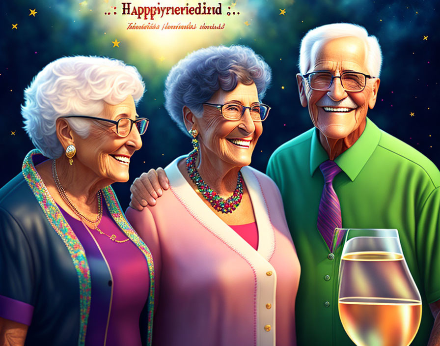 Elderly People Smiling with Stars, Wine Glasses, and Festive Decorations