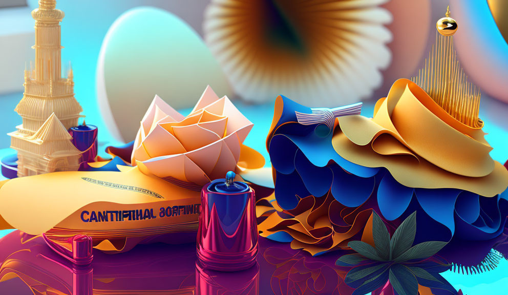 Colorful surreal scene with zeppelin, paper boat, Eiffel Tower, and swirling landforms